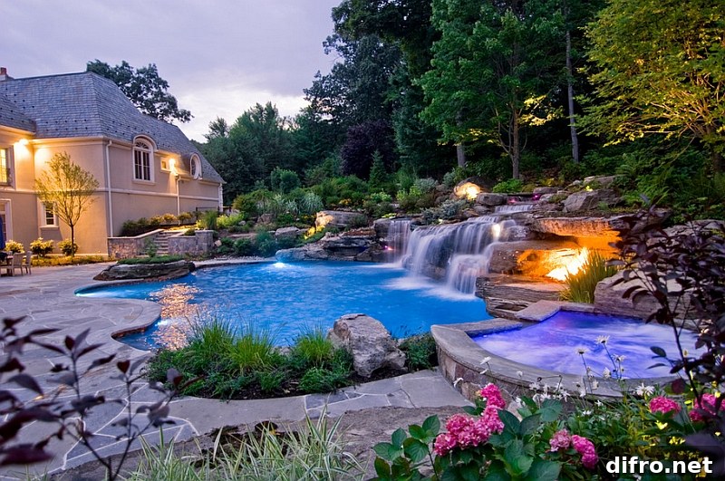 Combine the waterfall feature along with the sizzling hot fire pit!