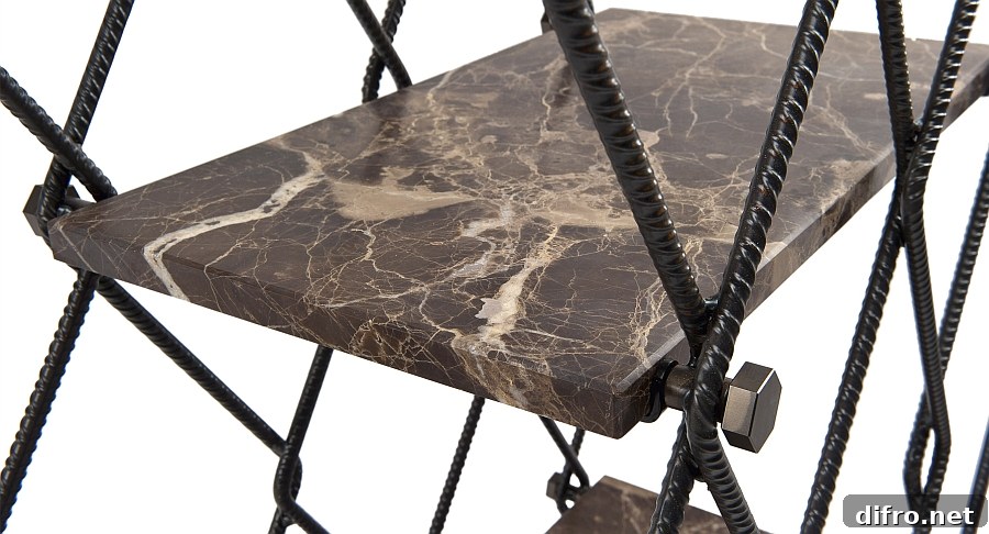 A closer look at the intricate design and the metal frame of the bookshelf
