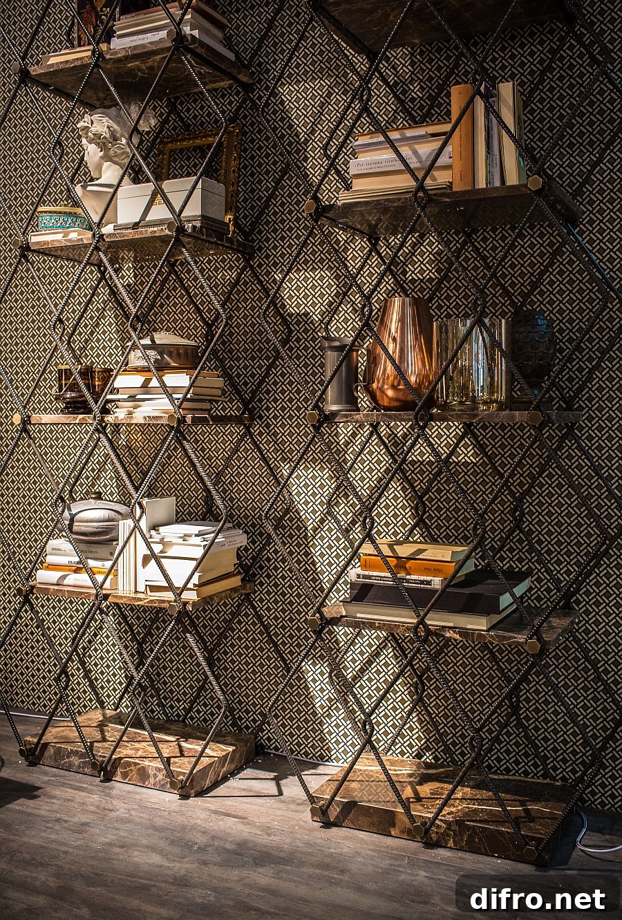 Exclusive bookshelf with a metal frame and wooden shelves
