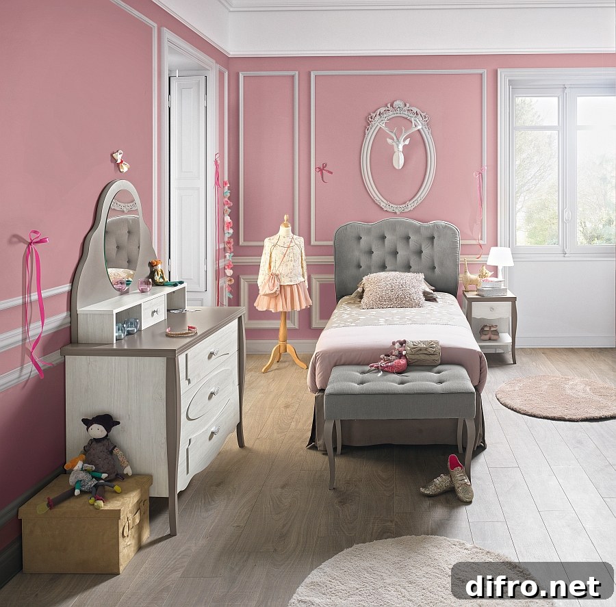 Lovely use of gray along with pink to shape the dreamy Demoiselle bedroom from Gautier