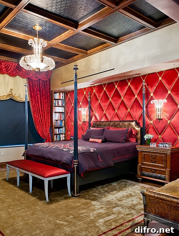 Tufted wall behind the bed and luxurious fabric enhance the style of this bedroom
