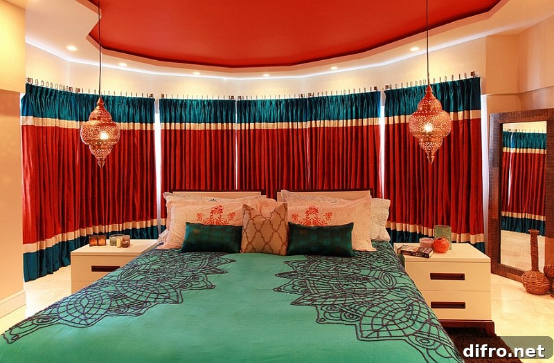 Warm, bright colors and lanterns shape a stunning Moroccan bedroom