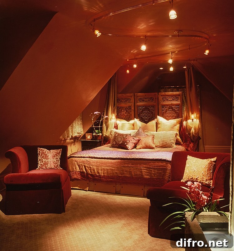 Lovely track lighting gives the bedroom a dreamy ambiance
