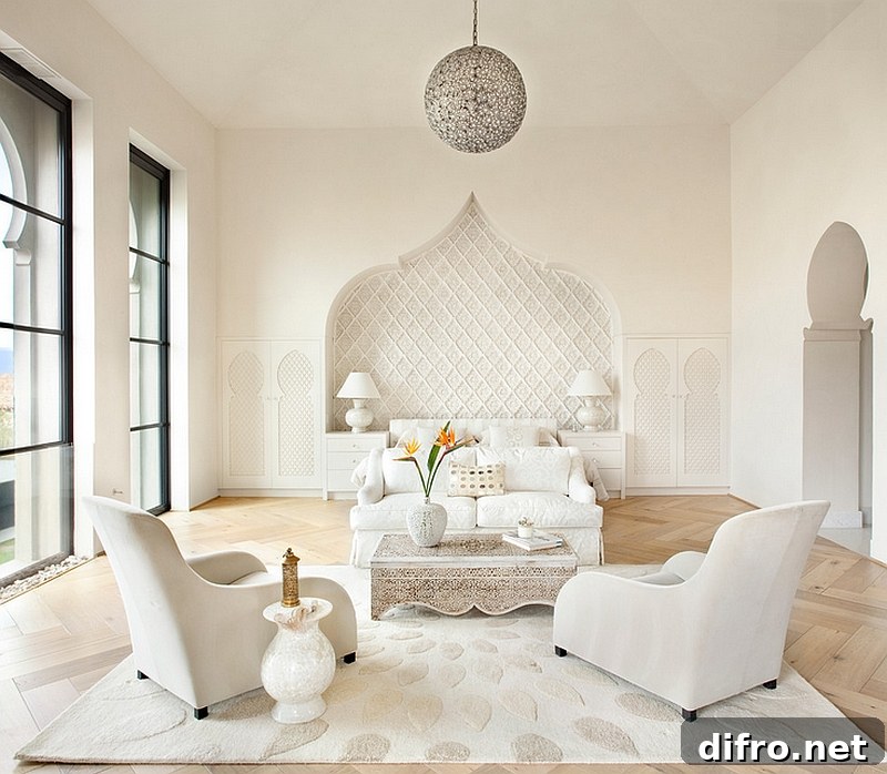 Elegant bedroom in white combines Mediterranean and Moroccan influences