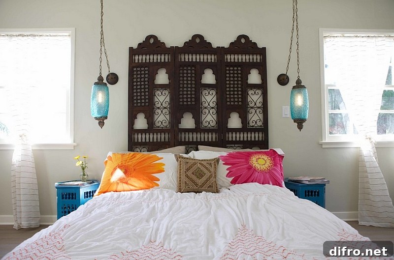 Innovative bedside lights save up on space in this Moroccan-inspired bedroom