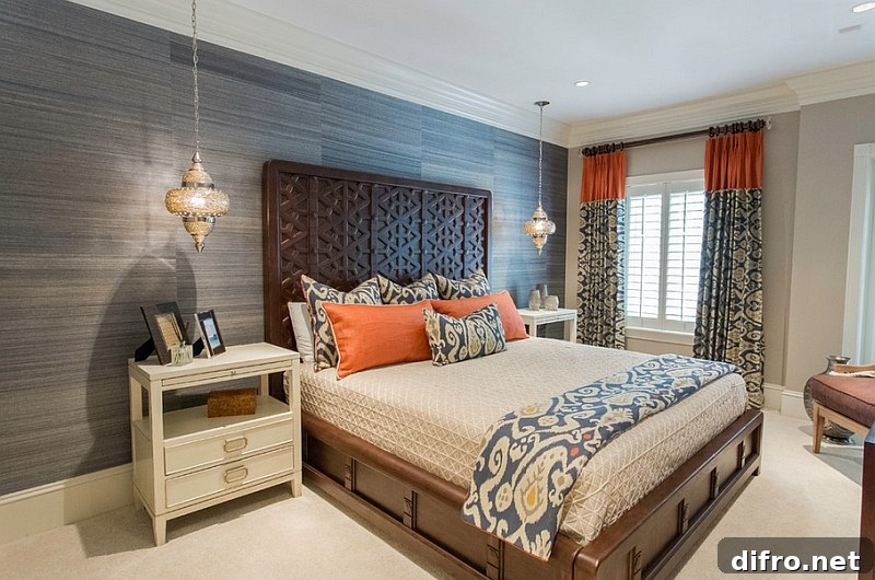Gorgeous blend of Moroccan elements with sleek, contemporary bedroom design