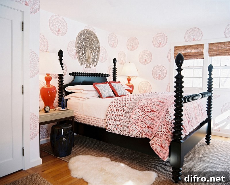 Contemporary bedroom with bright pops of orange