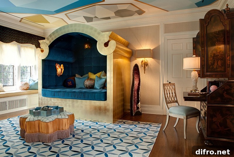 Custom designed bed and rich gold accents turn this Moroccan bedroom into a dreamy retreat