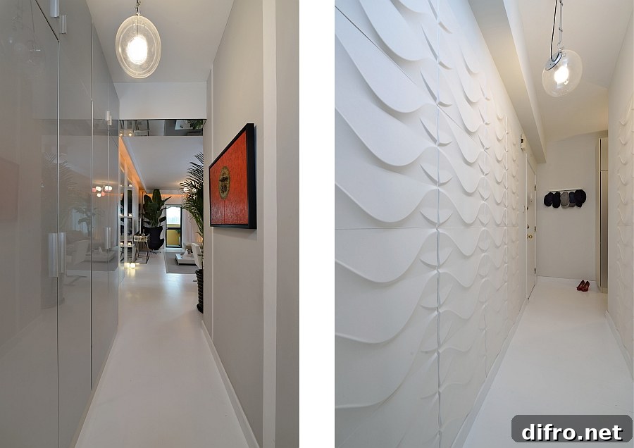 Textured 3D boards with a wave pattern at the entrance add contrast to the sleek home