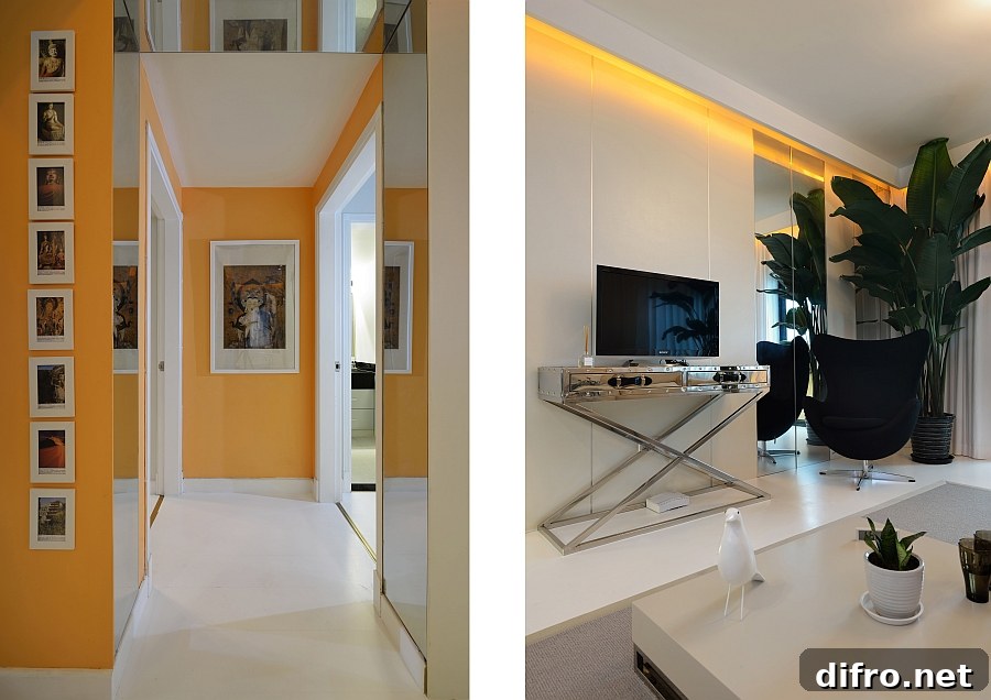 Bright orange lighting and accents give the home vibrant energy