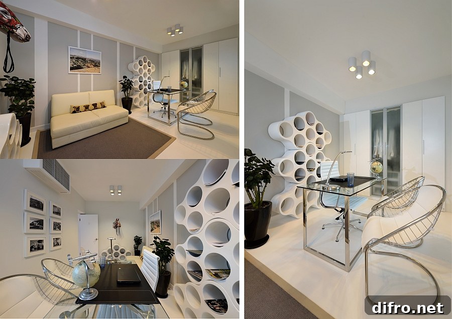 Custom crafted bookshelf in the studio steals the show