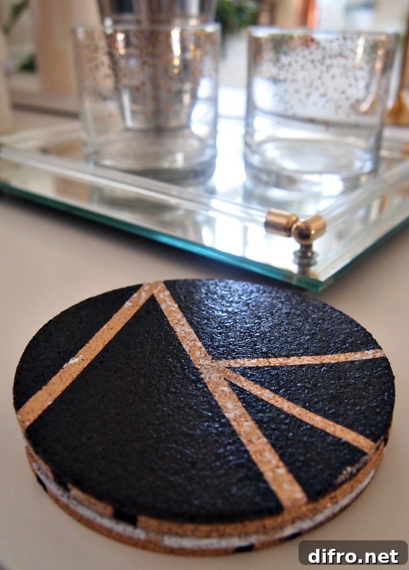 DIY gold, black and white painted cork coasters