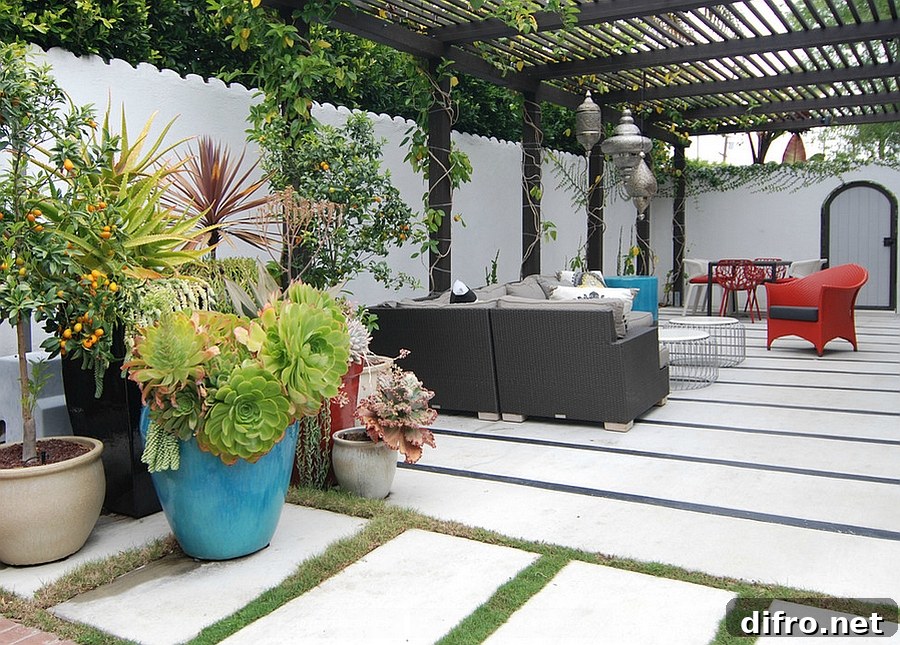 Lantern style lighting and bright decor give the contemporary patio a dash of Moroccan charm