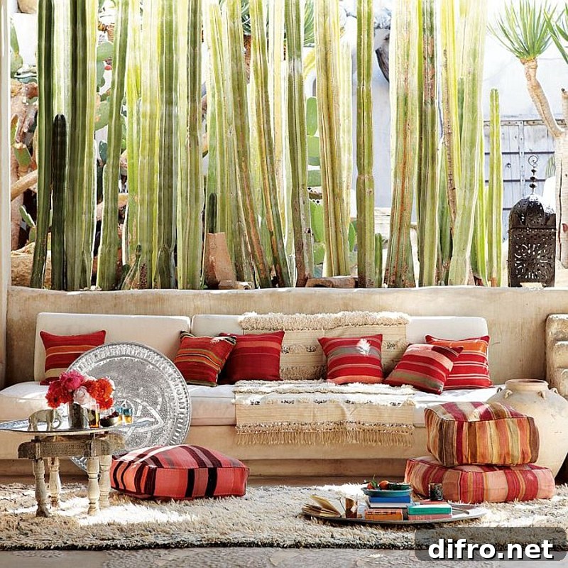 Casual and playful patio design with Moroccan rugs and throw pillows