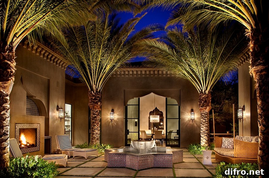 Lighting adds the exotic touch to this amazing outdoor landscape