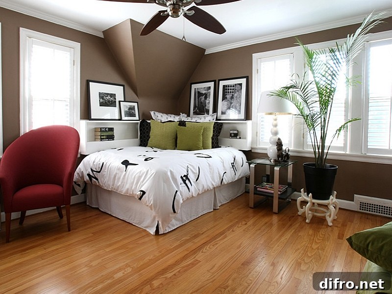 Asian themed bedroom with a trendy corner bed