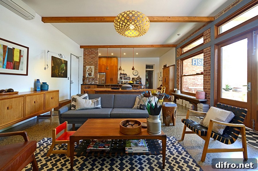 Lovely blend of textures in the living room along with the Jens Risom chairs