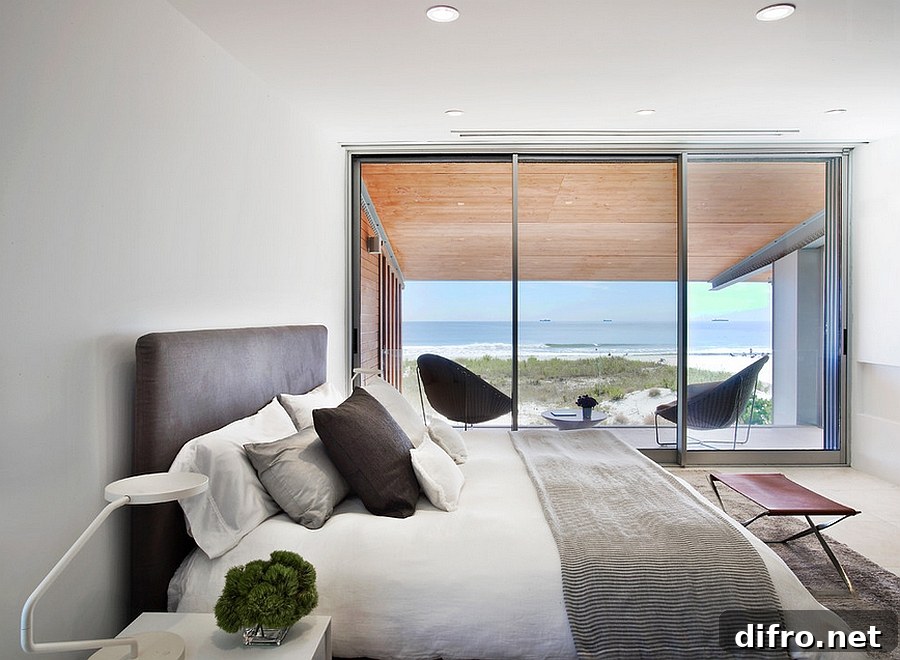Hint of leather brings elegance to the amazing bedroom with ocean view