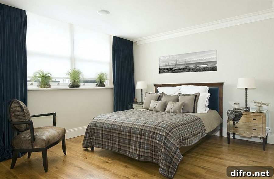 Dark blue and light gray are ever-popular choices in bedrooms with a masculine vibe
