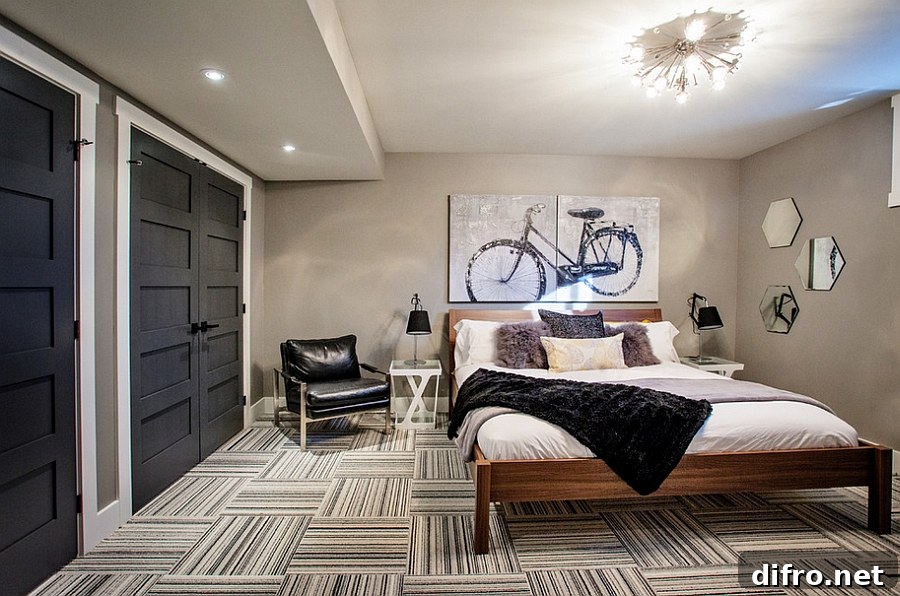 Bright and beautiful basement bedroom looks like a stylish bachelor pad