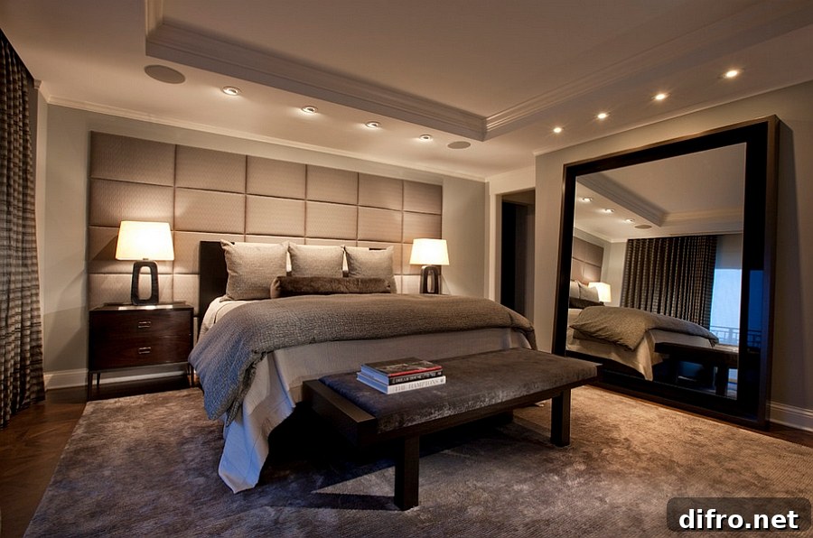 Mirrors add glamour to the masculine bedroom without giving it an overtly feminine touch