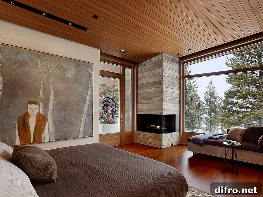 Making complete use of the corner space in the bedroom with a scorching fireplace