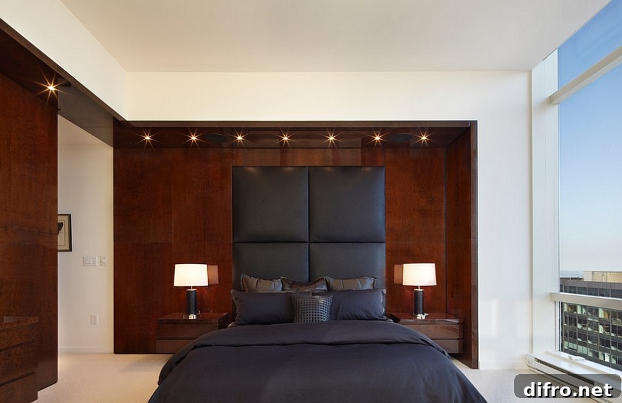 Penthouse bedroom that oozes sophistication and comfort