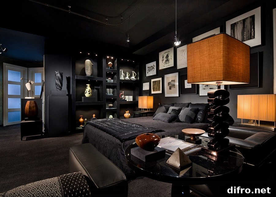 Lighting and color defines this captivating bedroom in black