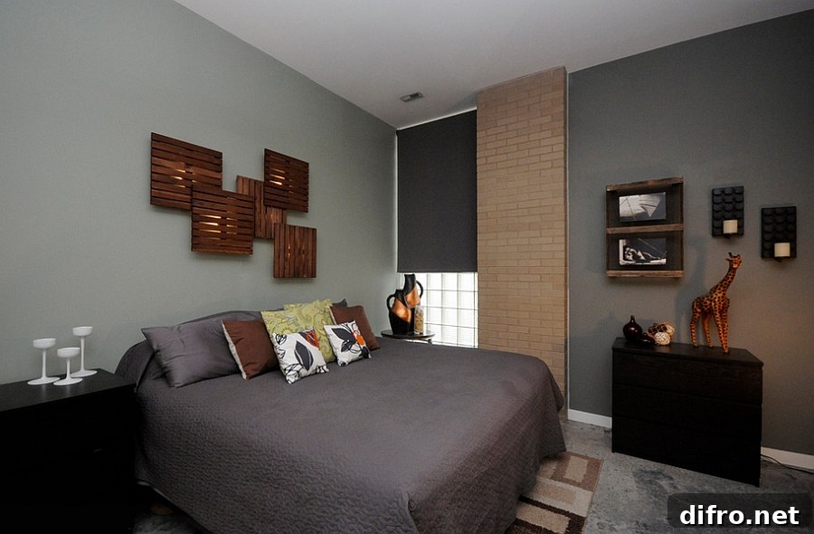 Fascinating wall art above the bed using Ikea flooring tiles and lights