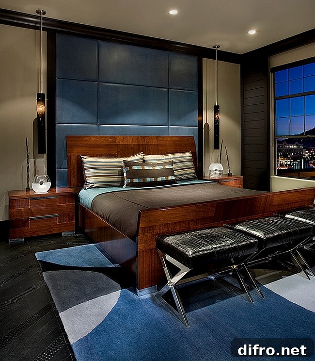 Rich array of textures and elegant decor bring sophistication to this urbane bedroom