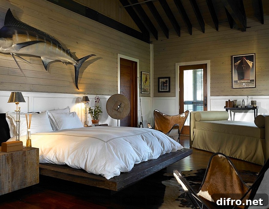 Butterfly chairs in leather add comfort to the eclectic bedroom