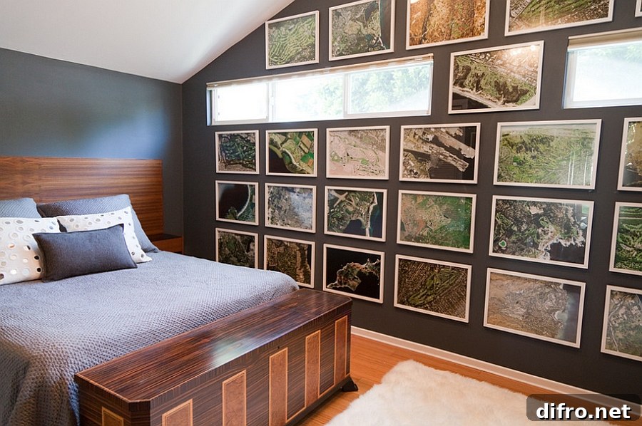 Masculine bedroom for a professional golfer with satellite images of golf courses!