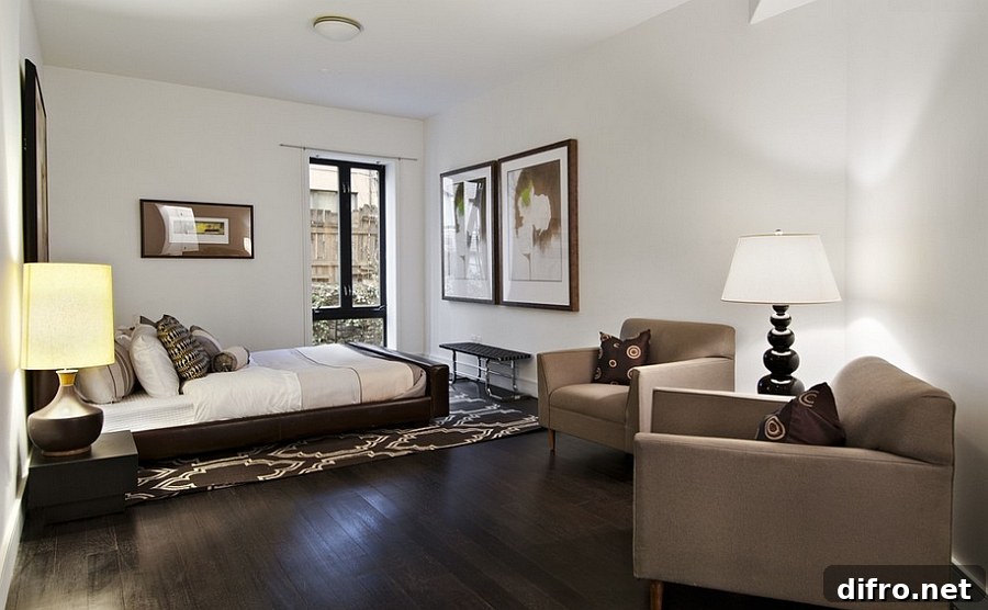 Refined bedroom with a distinct New York City Soho style and a cool conversation nook