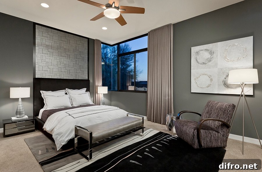 Refined use of gray and lighting in the bedroom