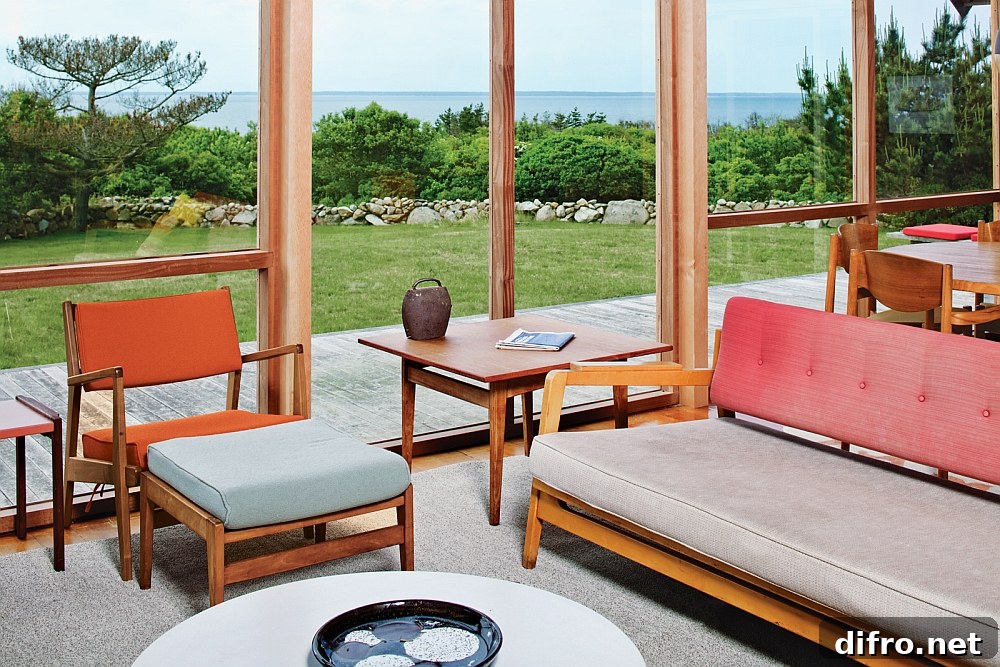 Large glass walls offer unabated views of the scenic landscape outside