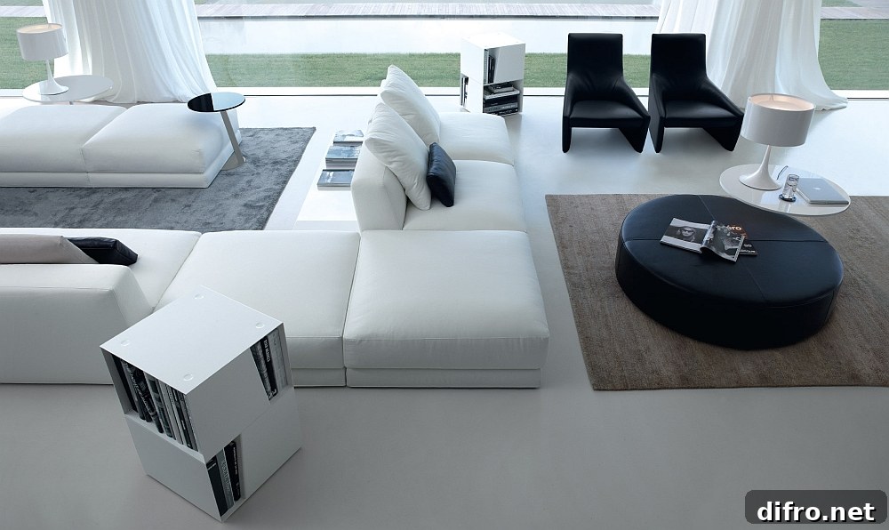 Add a trendy bookcase and coffee table to complete the setting