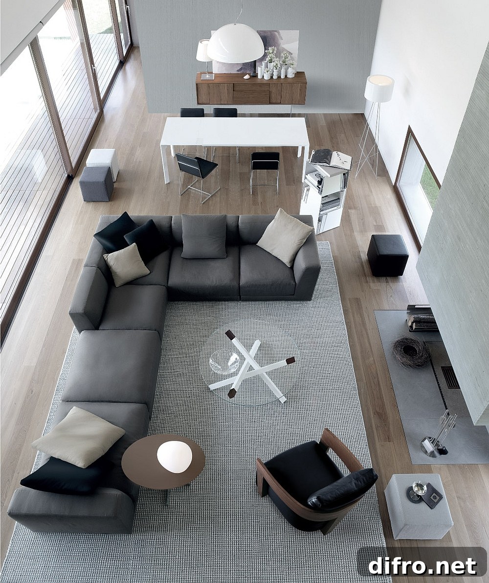 Smart modern couch in gray fills the room with urbane charm