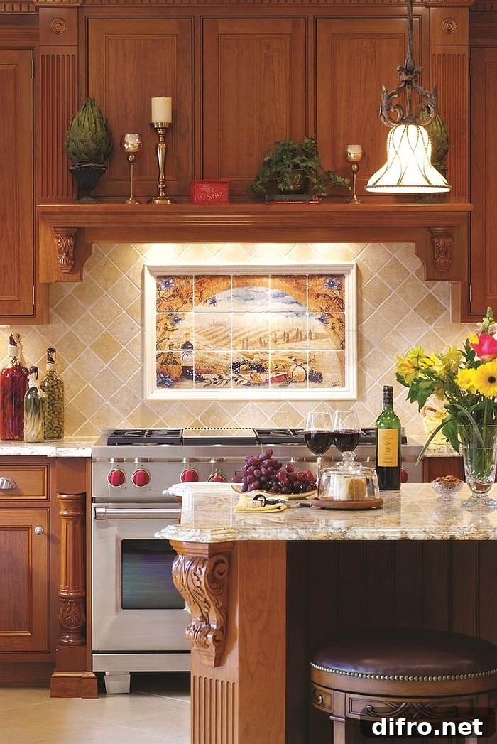 Custom tile wall mural brings the backsplash alive! [Design: Cameo Kitchens]