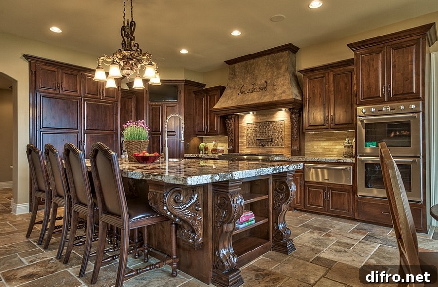 Ornate kitchen design with a Tuscan-inspired island [Design: Inspired Interiors]