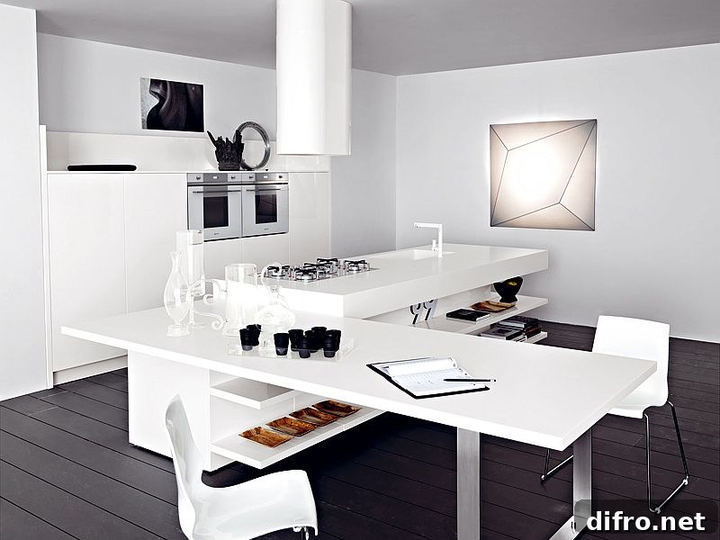 Kitchen island in white with extended dining table