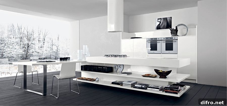 Open shelves of the kitchen island steal the show