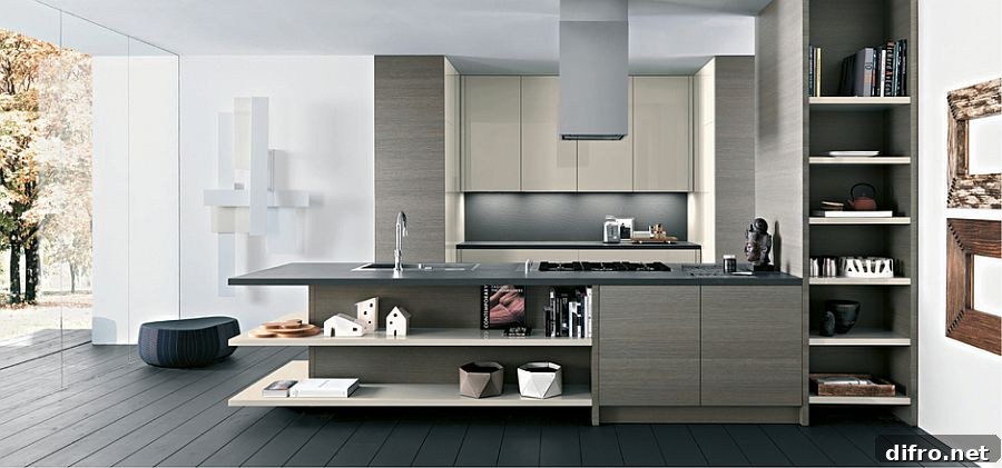 Versatile kitchen siland design with open shelves and closed cabinets