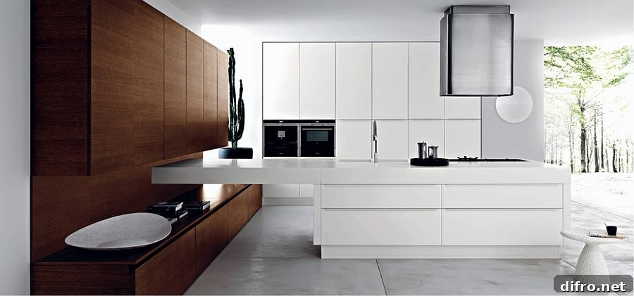 Contemporary Italian kitchen with wooden shelves