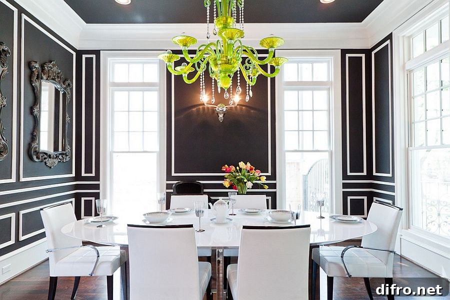 Ceiling adds to the beauty of the dashing dining room in black and white [Photography: Jonathan Calvert]