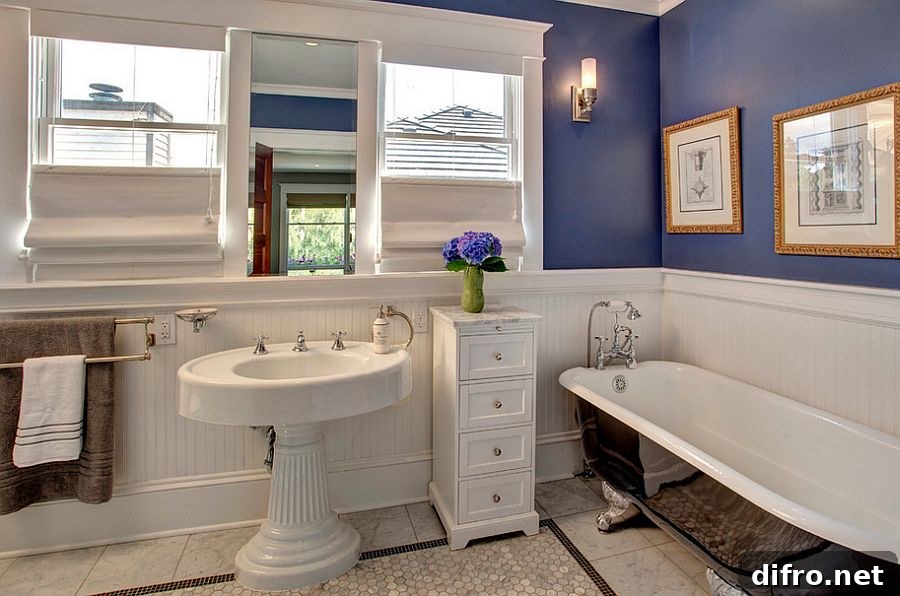 Craftsman style bathroom with bathtub in black and purple walls [Design: Kathryn Tegreene Interior Design]