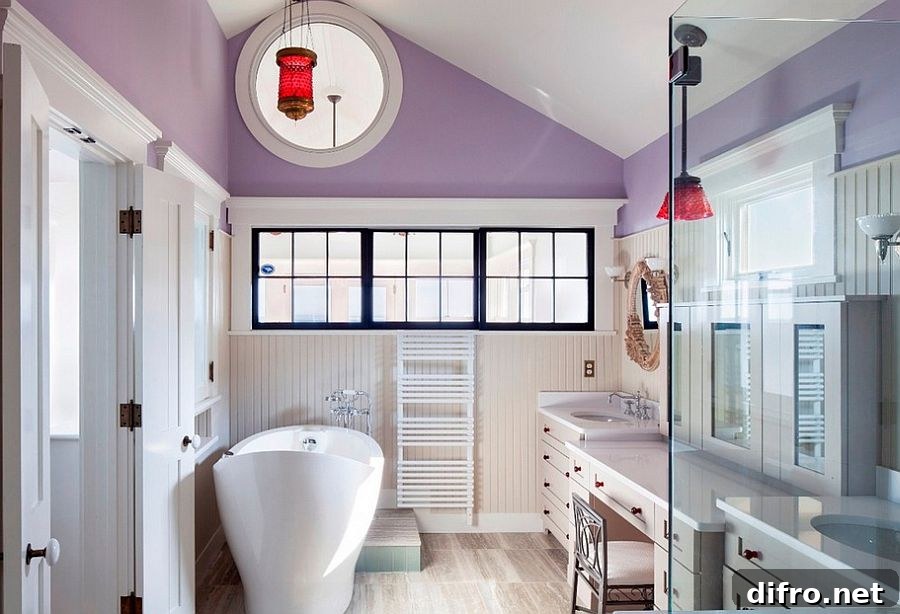 Luxurious purple bathroom with custom windows and beadboard accents [Design: Cape Associates]