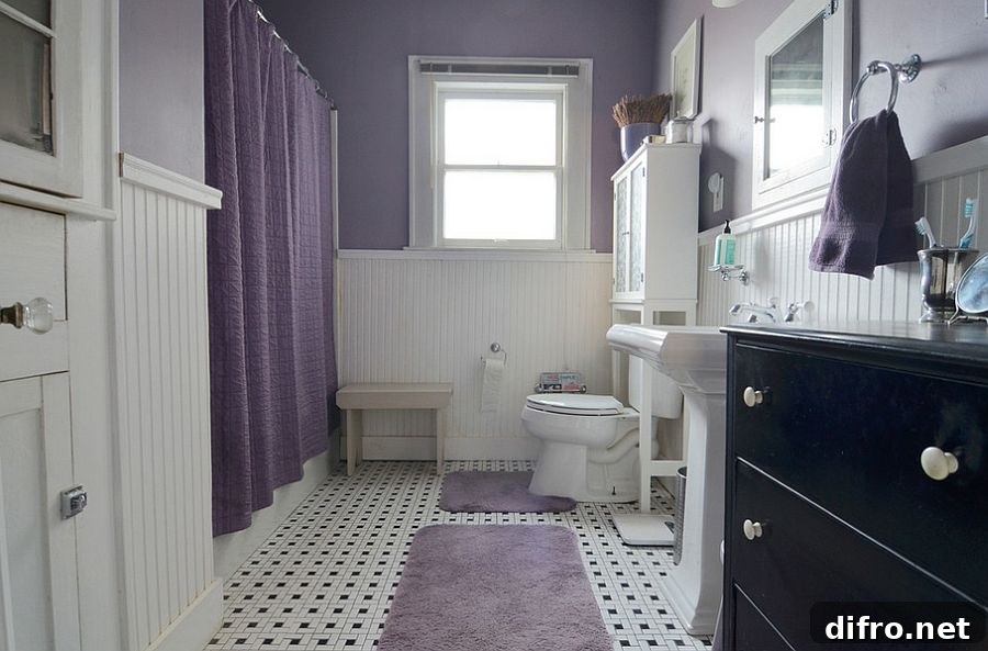Purple and white bathroom with a hint of country charm [From: Sarah Greenman / Houzz]