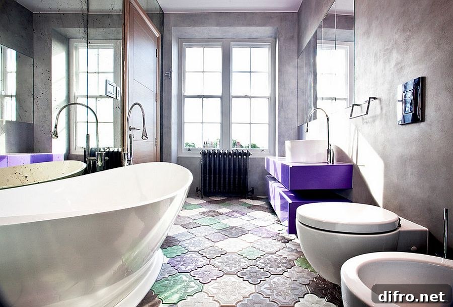 Brilliant purple floating vanity steals the show here [Design: Roselind Wilson Design]