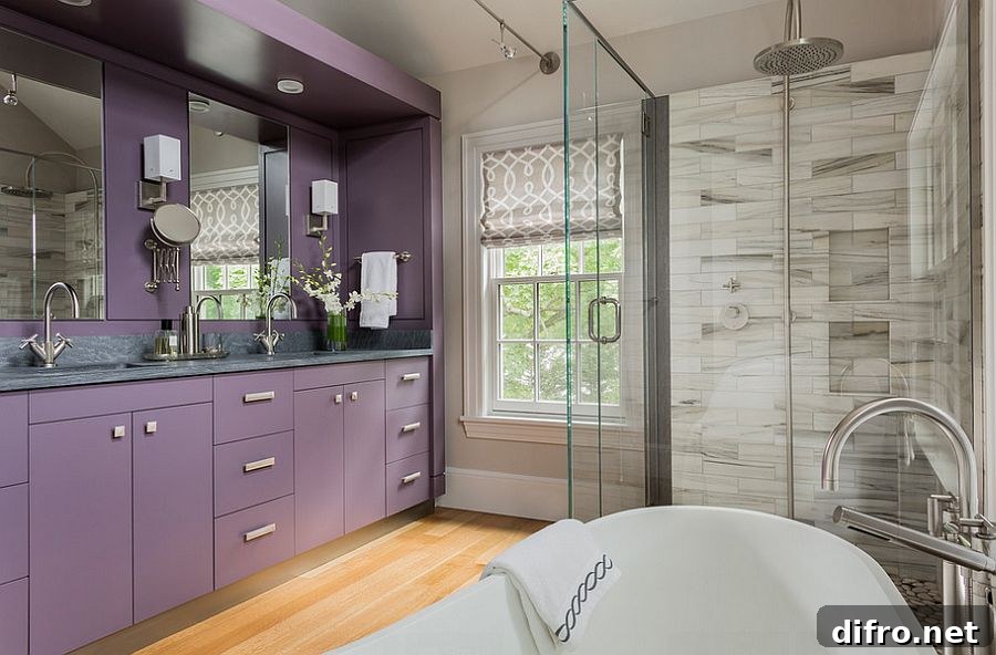 Vanity brings purple to the lavish master bath [Design: LDa Architecture & Interiors / Michael J. Lee Photography]