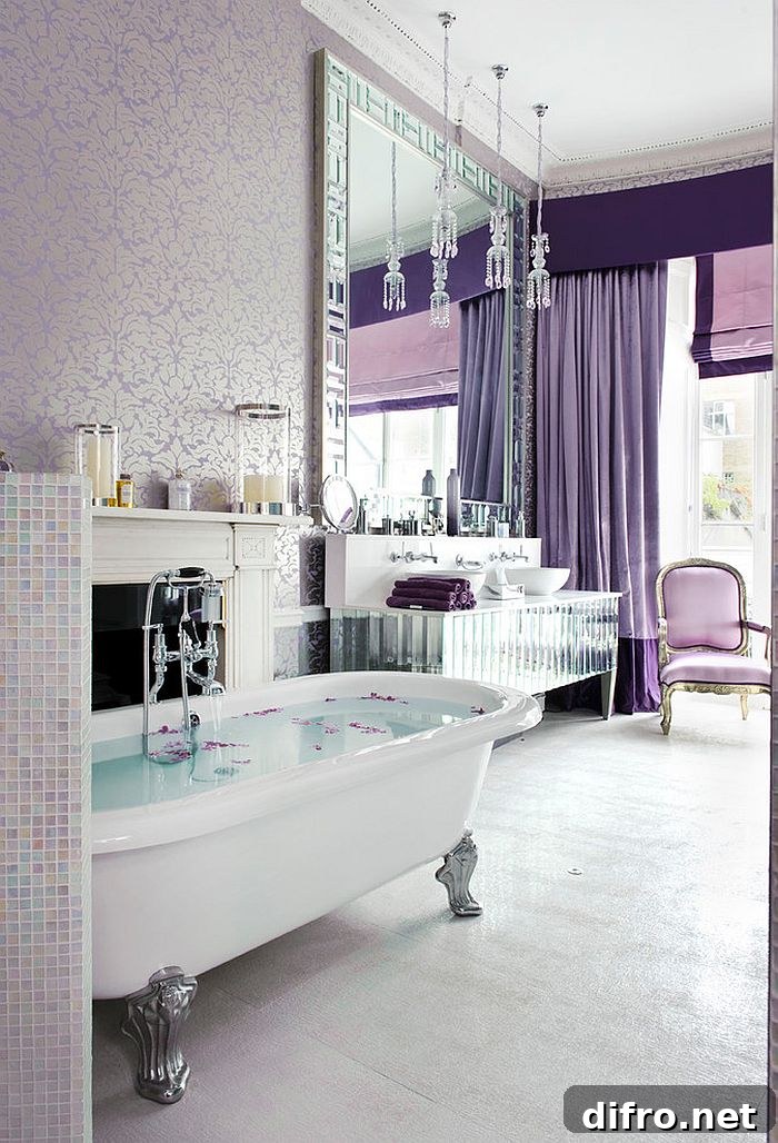 Gorgeous bathroom with purple glam dips into the magic of luxe wallpaper! [Design: Interior Desires UK]